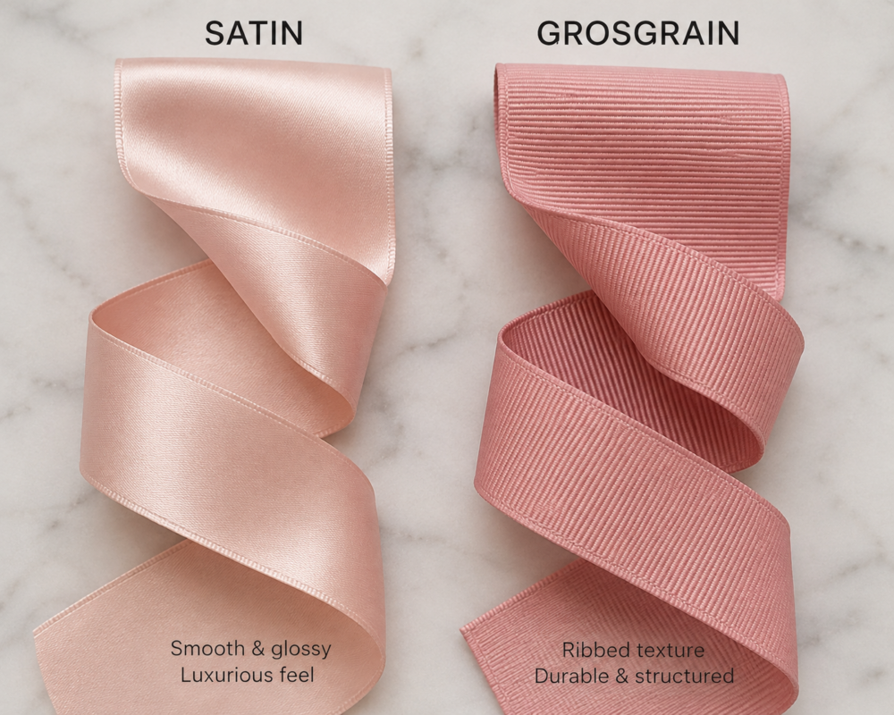 Comparison of satin grosgrain and eco-friendly cotton printed ribbon materials