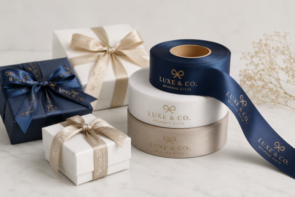 Custom printed satin ribbon with business logo on luxury gift packaging