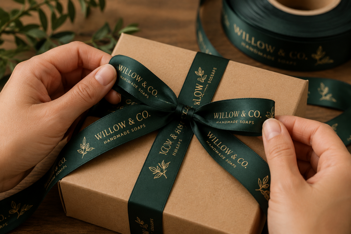 Personalized branded ribbon tied around custom retail packaging box